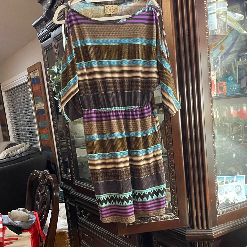 Judith March- Bohemian Striped Midi Dress - Brown, Blue, Purple